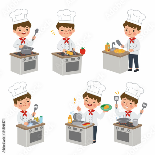 Chef's Culinary Journey: A young chef, adorned in traditional attire, prepares a culinary masterpiece with finesse and passion in a detailed illustrated setup.