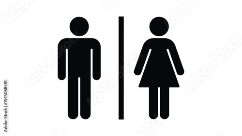 black and white restroom sign featuring male and female pictograms separated by a vertical line on a clean white background