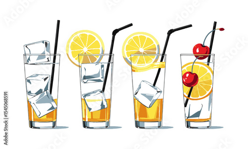 Modern vector illustration of cocktail glasses evenly spaced in a horizontal layout, lemon slices, maraschino cherries, and foam in short glasses