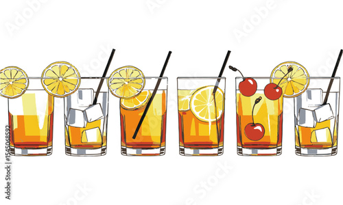 Modern vector illustration of cocktail glasses evenly spaced in a horizontal layout, lemon slices, maraschino cherries, and foam in short glasses
