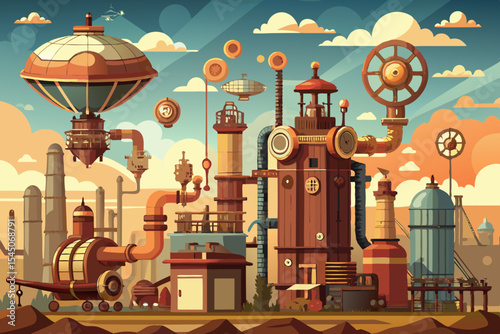 Steampunk industrial zone with brass pipes, cogged machinery, and smoky airships above