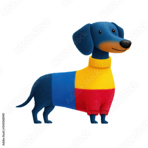 Colorful dachshund dog wearing cheerful blue, yellow, and red sweater, isolated on white