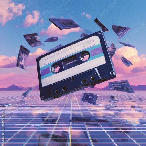 A retro-style image featuring a floating cassette tape against a dreamy backdrop, evoking nostalgia for the past