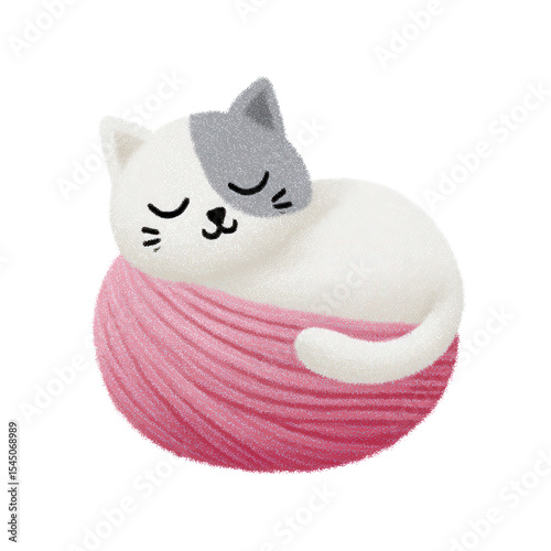 Cute white and gray cat sleeping peacefully on pink yarn ball, cozy and adorable illustration