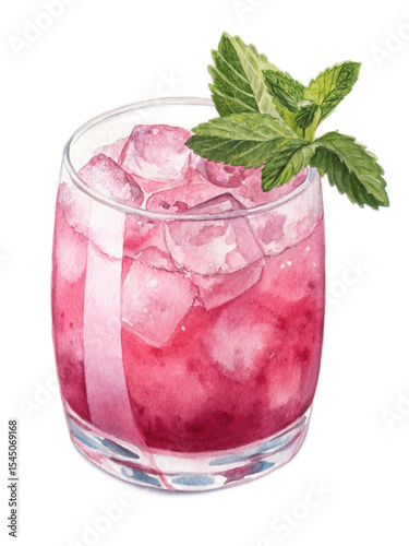 Refreshing pink cocktail with ice and mint garnish in a rocks glass