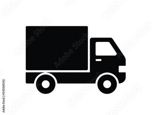 black and white icon of a delivery truck with cargo container, symbolizing logistics, freight transport, shipping, and distribution