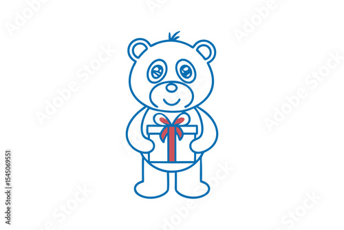 Cartoon bear outline is holding a present with a red ribbon bow sweetly