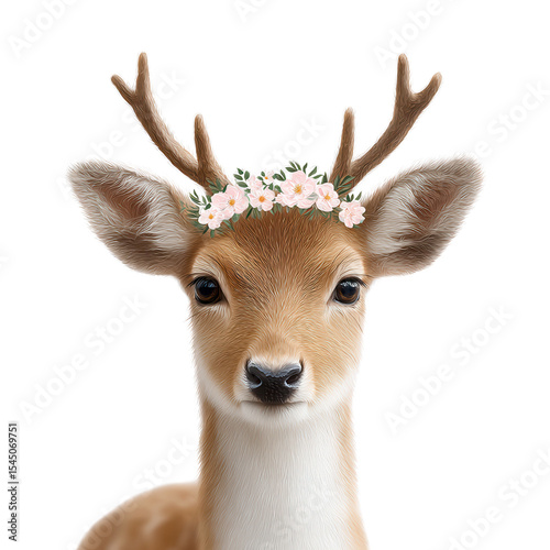 Deer with antlers and pink flower crown, gentle expression, isolated on transparency background