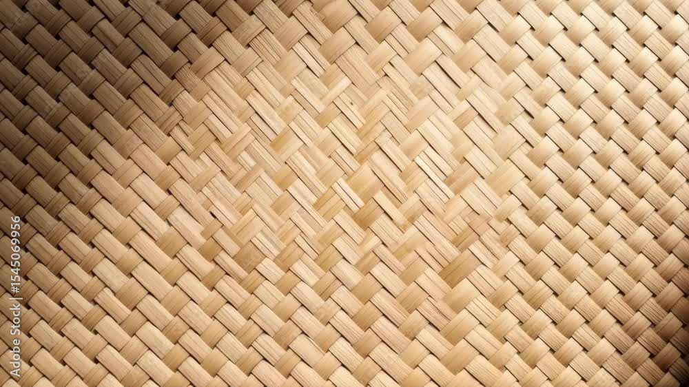 Woven bamboo strips forming a textured surface background, natural light, detailed weave pattern, criss cross diagonal design.