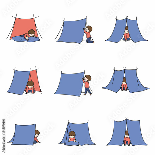 Child's Adventure: A charming illustration capturing a child's imaginative play of building a makeshift shelter, evoking a sense of youthful curiosity and creativity.