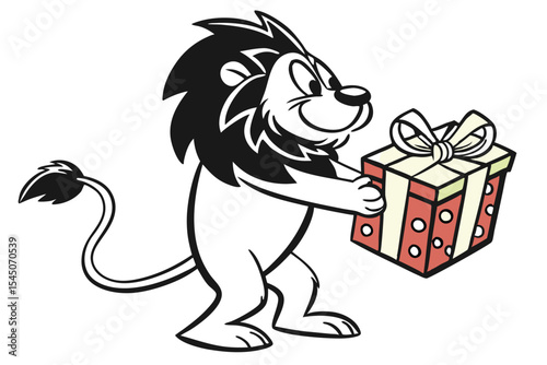 Cartoon lion presents a polka dot gift with cream ribbon and bow