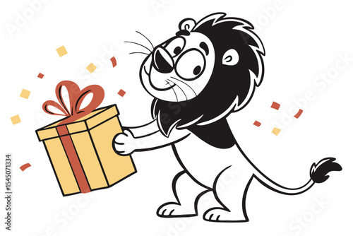 A cartoon lion joyfully carries a gift box amid falling confetti, showing genuine happiness