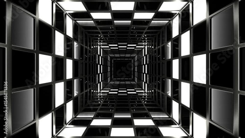 Black and White Bright Square Screens Tunnel Background VJ Loop in 4K