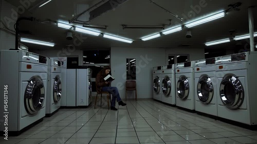 A woman reads a book in a late-night laundromat under a flashing neon light. The atmosphere is dreamy and leisurely. Created by AI.