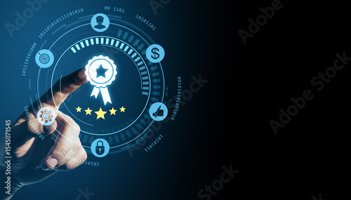 Digital hand pressing quality certificate icon with five-star rating on futuristic interface representing guarantee, compliance, and approved system. photo