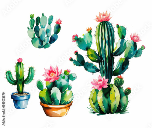 Watercolor Cactus Collection Illustration on White Background
