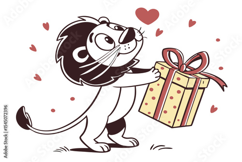 Cartoon lion lovingly looks up at a heart holding a present box with ribbon