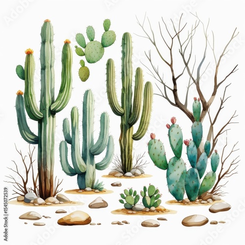 Watercolor Cactus Clipart Set, Desert Botanical Illustration, Isolated, White Background