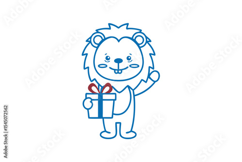 Cartoon lion cheerfully greets while holding a present featuring an eyecatching red ribbon