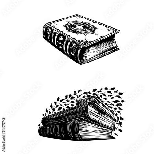 big old magical religious books. Vector monochrome sketches, collection of drawn cover pages