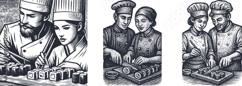 Vintage woodcut style illustration of black chef couple preparing sushi together, brush grain texture, retro engraved postal stamp card, culinary teamwork food art print
