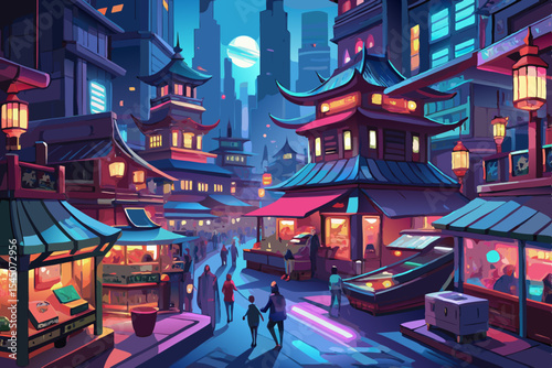 Night market in a bustling Asian-inspired cybercity, illuminated by lanterns and digital signs