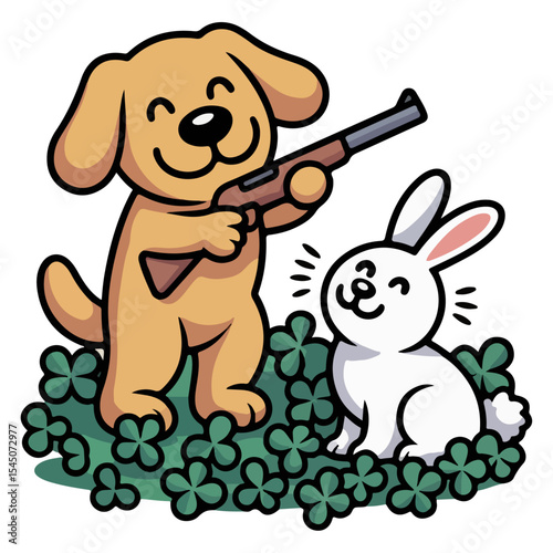 A dog a rabbit animal paying in ground vector illustration on white background.