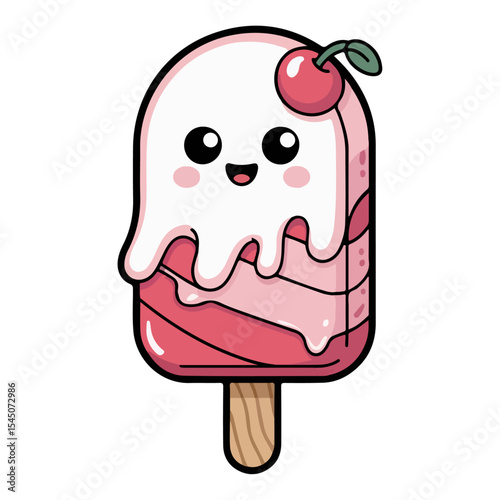 Funny strawberry ice cream monster cone with a cute smile and cartoon teeth illustration
