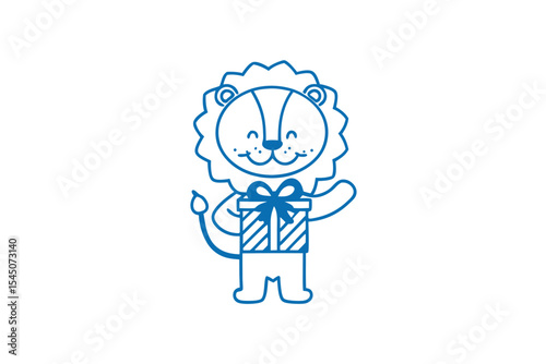 Blue line drawing shows a smiling lion holding a gift with a bow