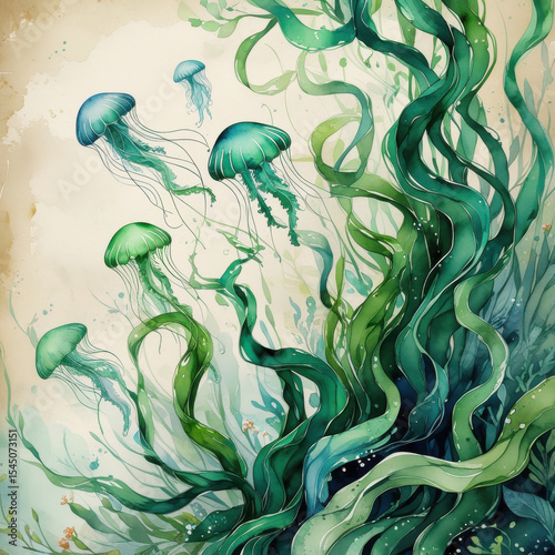 Watercolor Painting of Jellyfish and Seaweed, Underwater Scene