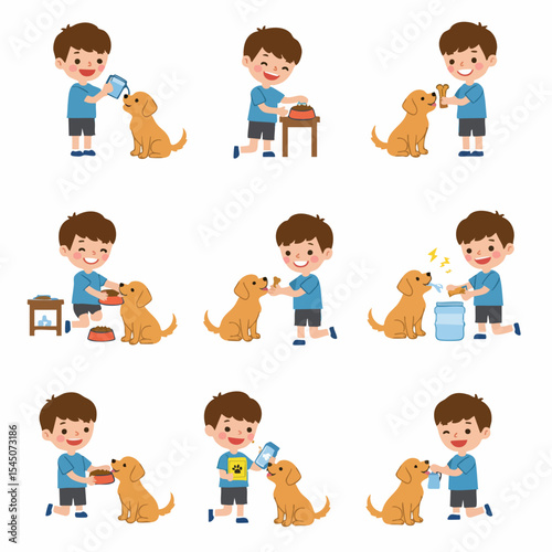 A Boy's Affection: A charming depiction of a young boy and his dog sharing tender moments through acts of care, friendship, and play, a heart warming illustration of companionship.