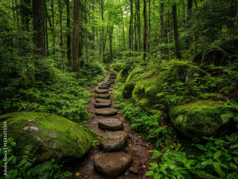 Fototapeta premium Exploring a serene stone pathway through lush green forest nature photography tranquil environment overhead view