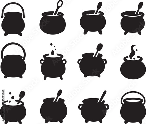 Set of cauldrons silhouette. witch cauldrons with handles magic potion. witch cauldron silhouette. Magic cauldron silhouette set vector on a white background