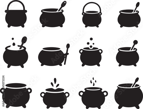 Set of cauldrons silhouette. witch cauldrons with handles magic potion. witch cauldron silhouette. Magic cauldron silhouette set vector on a white background