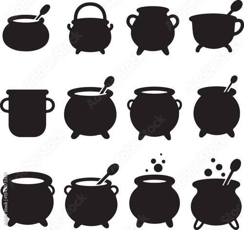 Set of cauldrons silhouette. witch cauldrons with handles magic potion. witch cauldron silhouette. Magic cauldron silhouette set vector on a white background