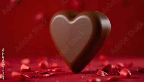 Romantic Heart-Shaped Chocolate with Rose Petals on Red Background