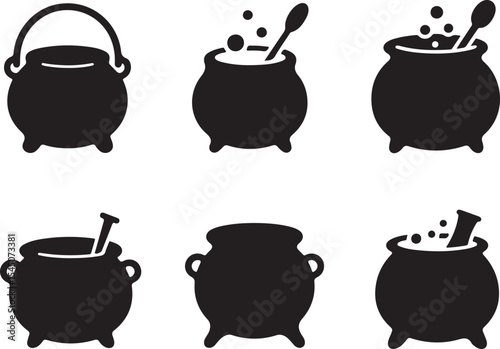 Set of cauldrons silhouette. witch cauldrons with handles magic potion. witch cauldron silhouette. Magic cauldron silhouette set vector on a white background