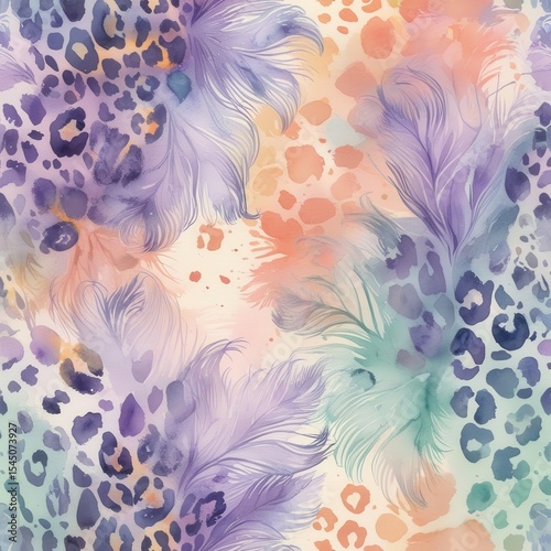 Watercolor Leopard Print with Feathers Seamless Pattern, Decorative Background