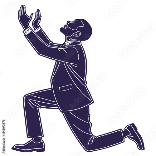 Silhouette of a businessman in a suit on his knees and begging with raised arms on white background