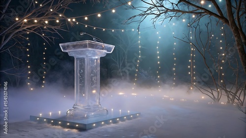 Ice podium with string lights in a winter forest setting
