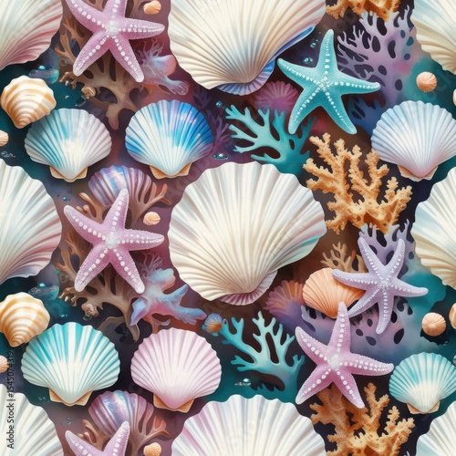 Seamless Watercolor Sea Life Background: Seashells, Starfish, Coral, Ocean Texture