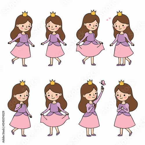 Princess Poses: A charming array of cartoon princess illustrations, showcasing different poses and expressions. Capturing the essence of childhood imagination and fairy tale fantasies.