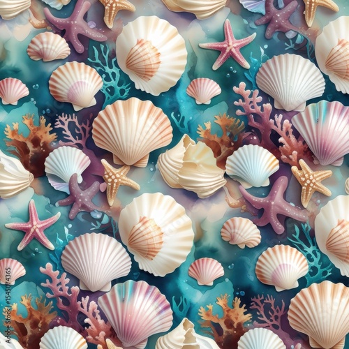 Watercolor Sea Life Seamless Pattern with Shells, Starfish, and Coral