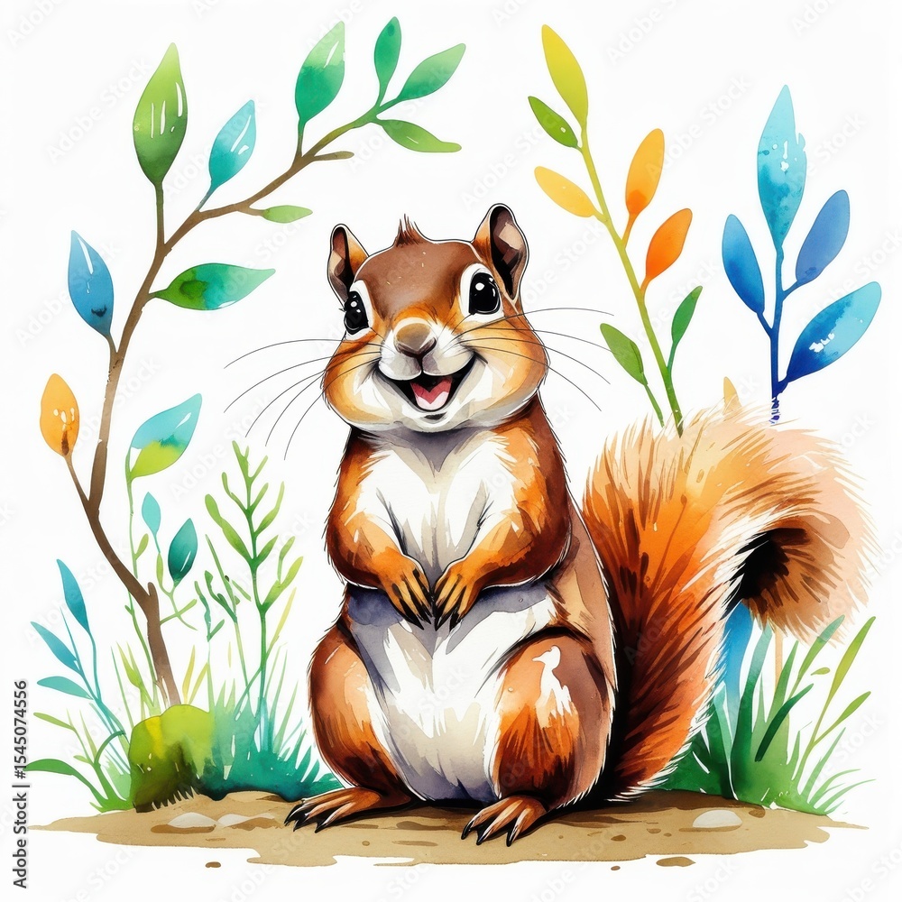 Fototapeta premium Watercolor Squirrel in a Colorful Garden, Happy Smiling Animal Illustration