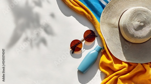 Summer accessories laid out on a white surface.