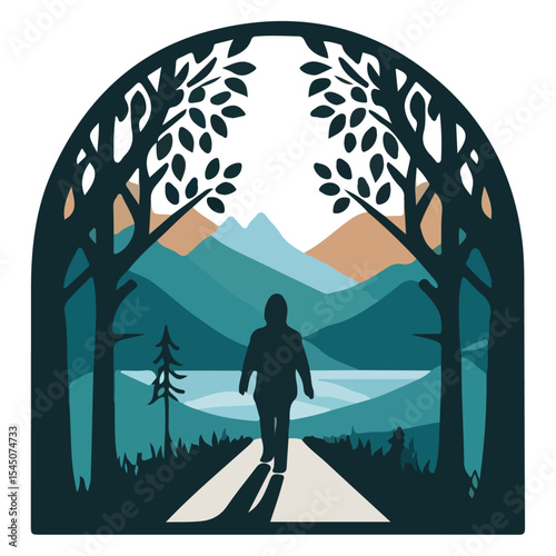 A man walks in a forest with a sunset in the natural logo type background.