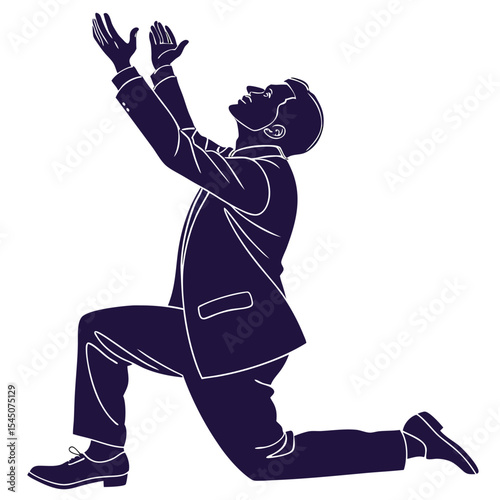 Silhouette of a businessman in a suit on his knees and begging with raised arms on white background
