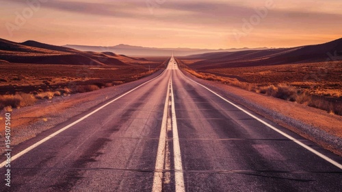 Endless road stretches into scenic horizon.