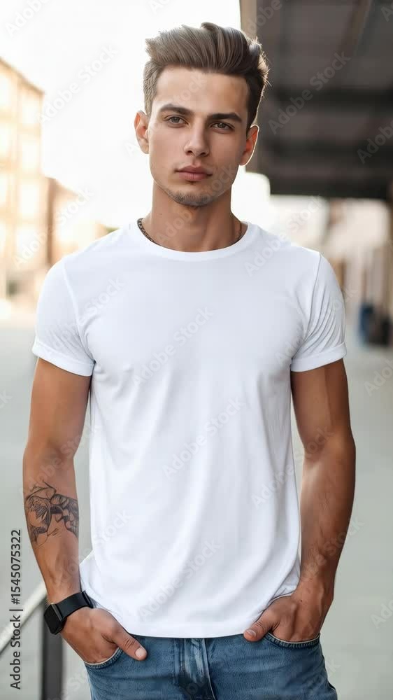 Portrait of a young adult man in a white tee shirt standing outside near buildings, wearing blue jeans, and a watch, with a tattoo on his arm Portrait of a young adult man in a white tee shirt standing outside near buildings, wearing blue jeans, and a watch, with a tattoo on his arm