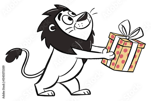 A cheerful cartoon lion affectionately holds a brightly wrapped polka dot present up towards the sky